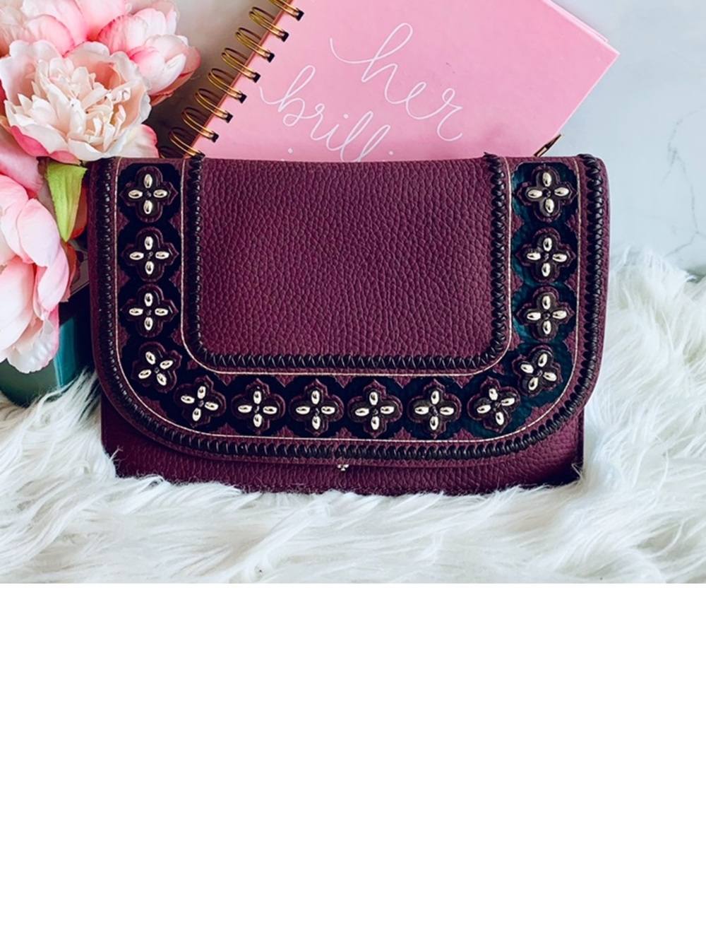 Kate Spade Madison Vita Womenās Embellished leather clutch deep burgundy fall NW